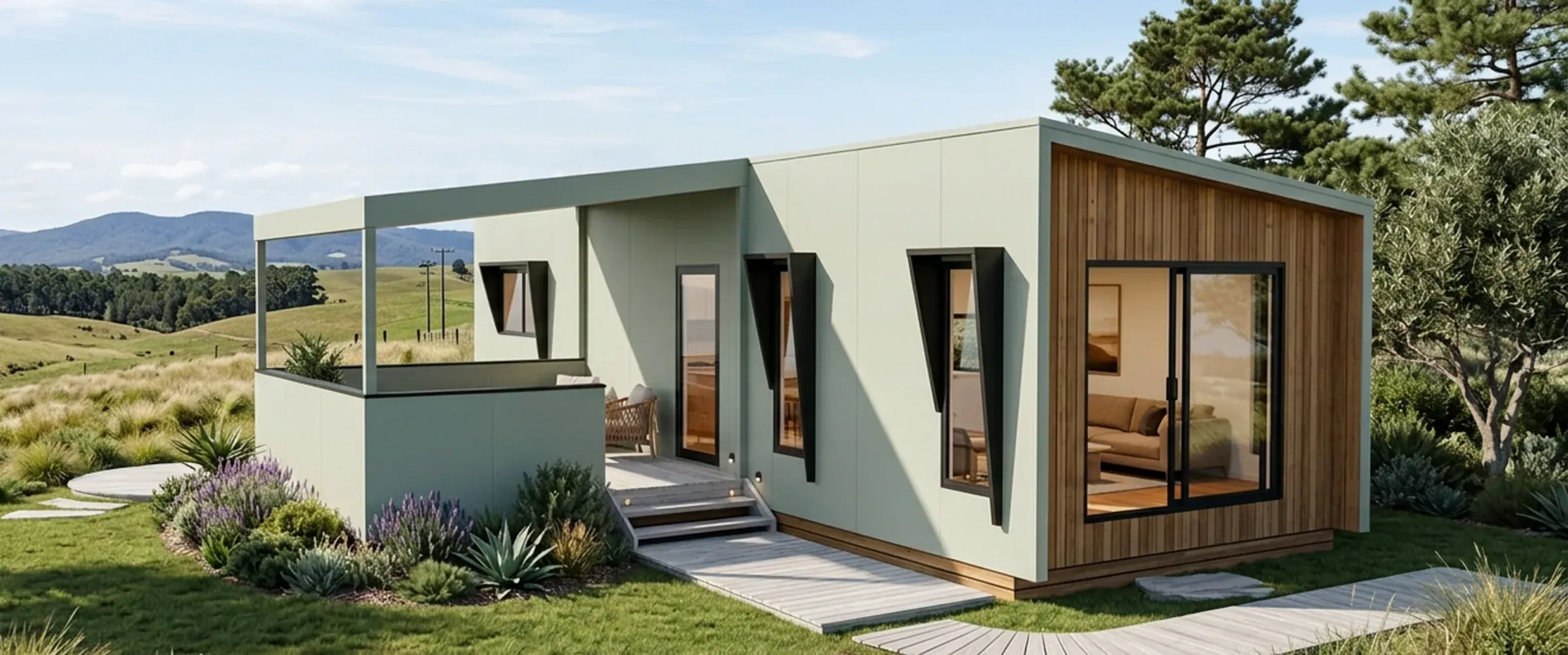 Render of the 1 bedroom King Suite in sage green cladding with a timber feature end wall and a front deck, looking over rolling hills.