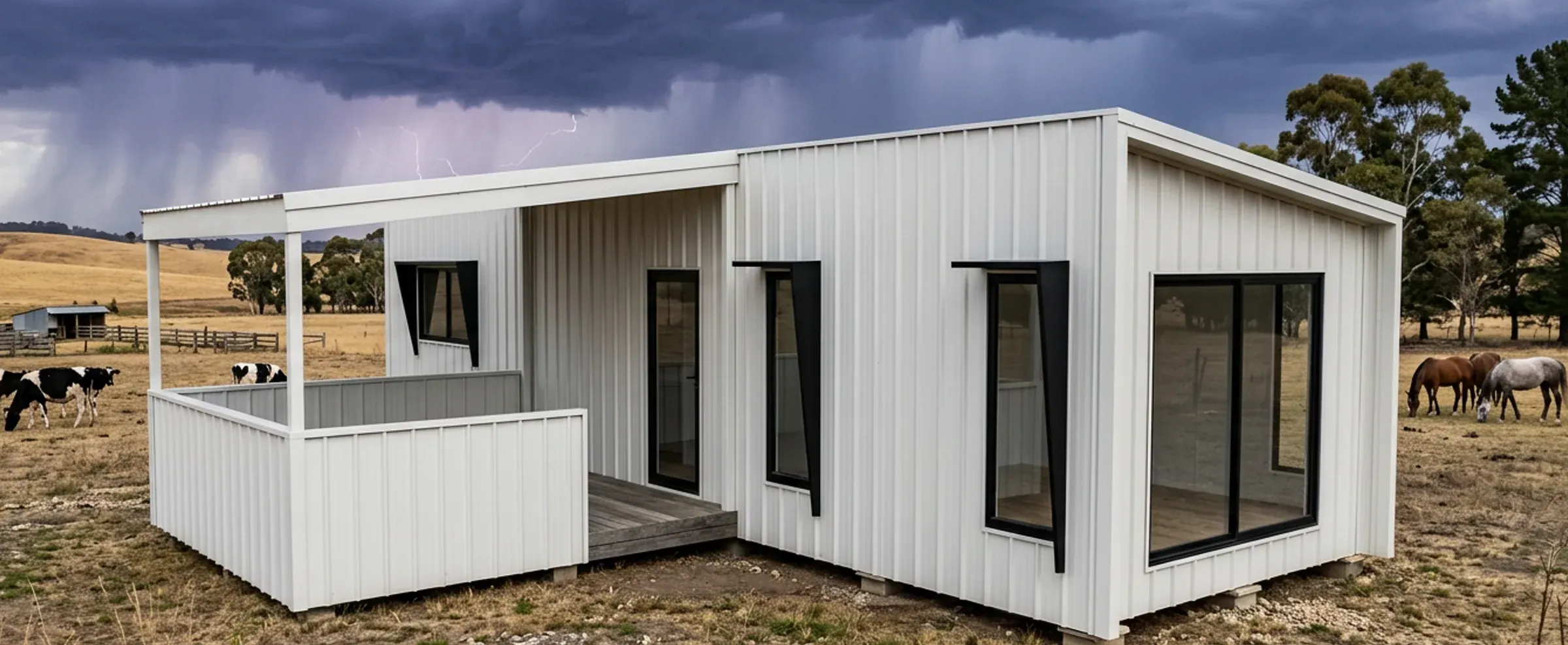 Render of the 1 bedroom King Suite in white TrimDeck cladding under a storm sky, with cattle and horses in the paddock.