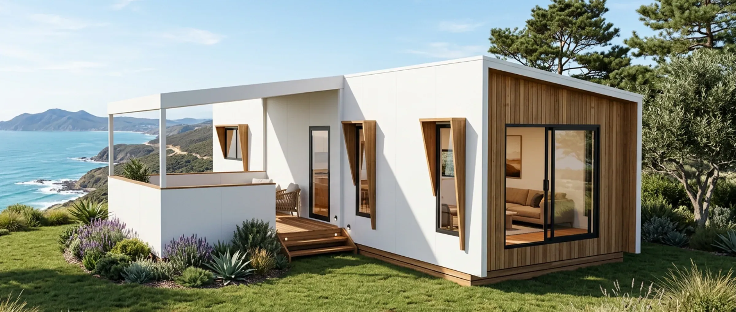 Render of the 1 bedroom King Suite in white cladding with a timber feature end wall, on a headland above the sea.