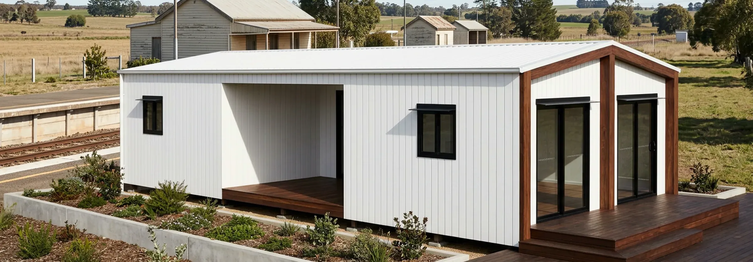 Render of the 2 bedroom, 2 bathroom Plan D in white vertical cladding with dark timber trim and a deck, beside a country railway line.
