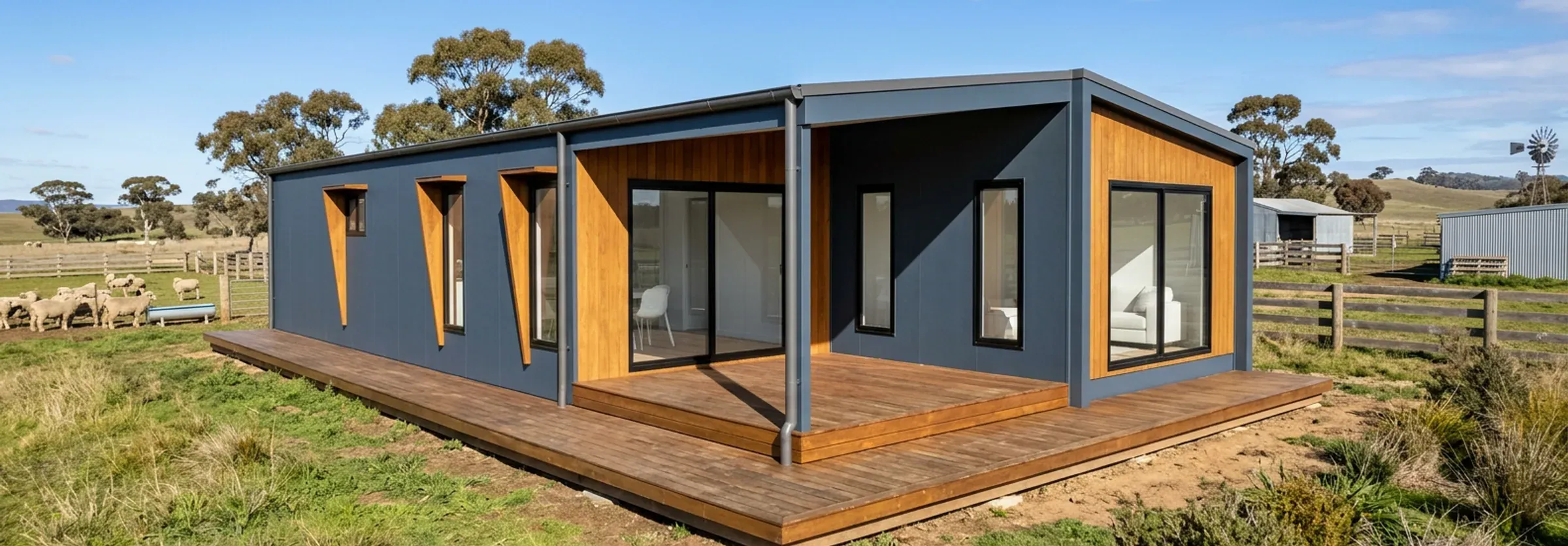 Render of the 3 bedroom, 2 bathroom Plan F in navy cladding with timber panels and a wide timber deck, with sheep in the paddock.