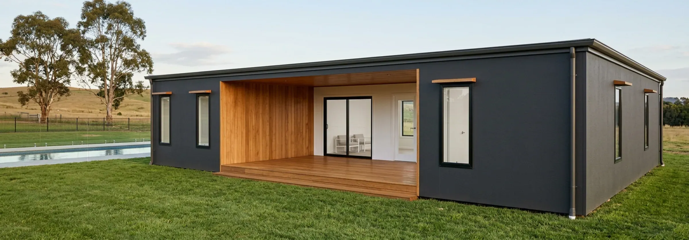 Render of the 3 bedroom Plan G in charcoal cladding with a timber-lined entry deck, on a lawn with a pool and gum trees behind.