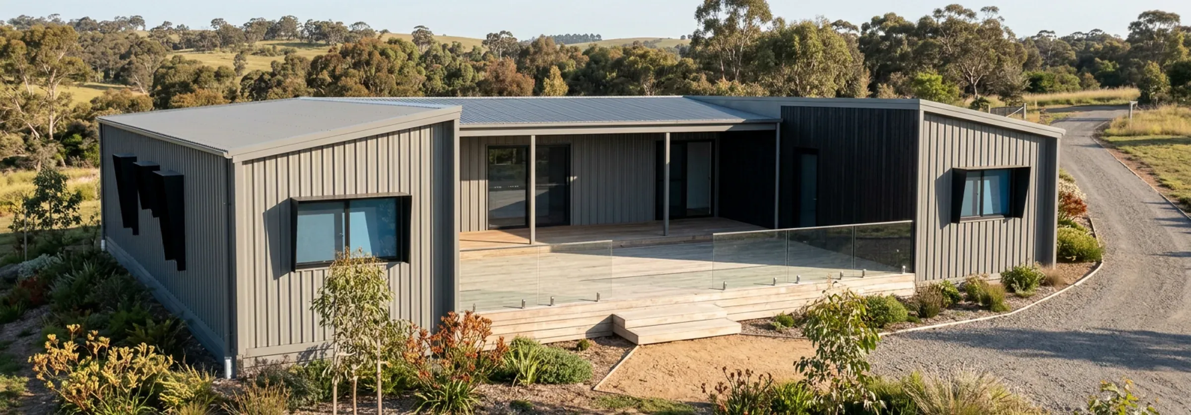 Render of the 4 bedroom, 2 bathroom Plan J in grey steel cladding with a dark timber feature wall, a covered deck with glass balustrade and a gravel driveway.