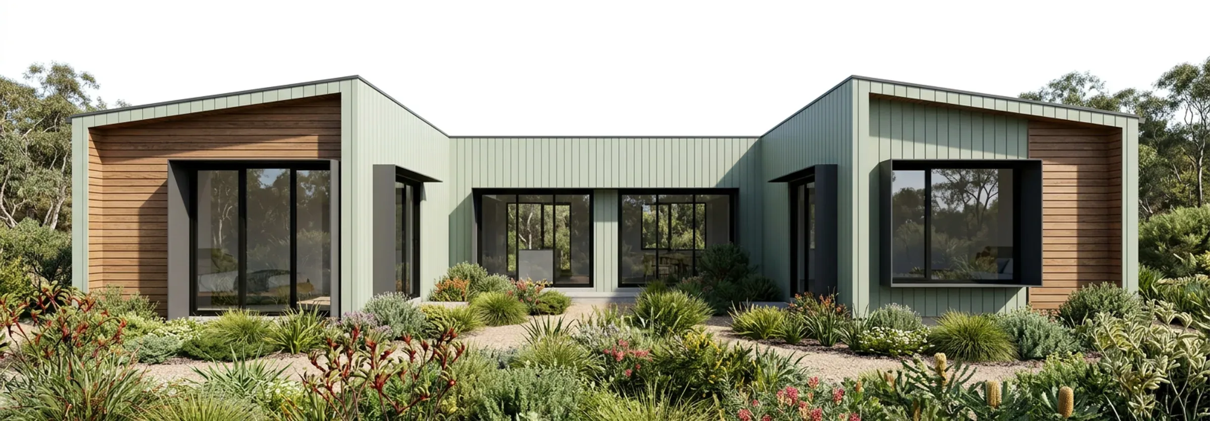 Render of the 4 bedroom, 2 bathroom Plan L, with no deck, in sage green cladding with timber ends and a native garden.