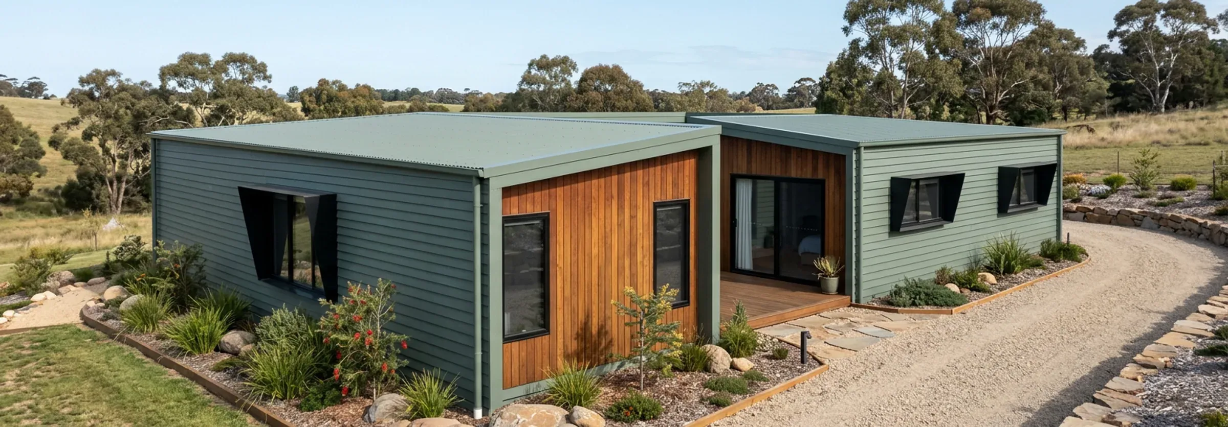 Render of the 4 bedroom Plan O in sage green weatherboard-style cladding with timber panels, a green roof and a gravel driveway.