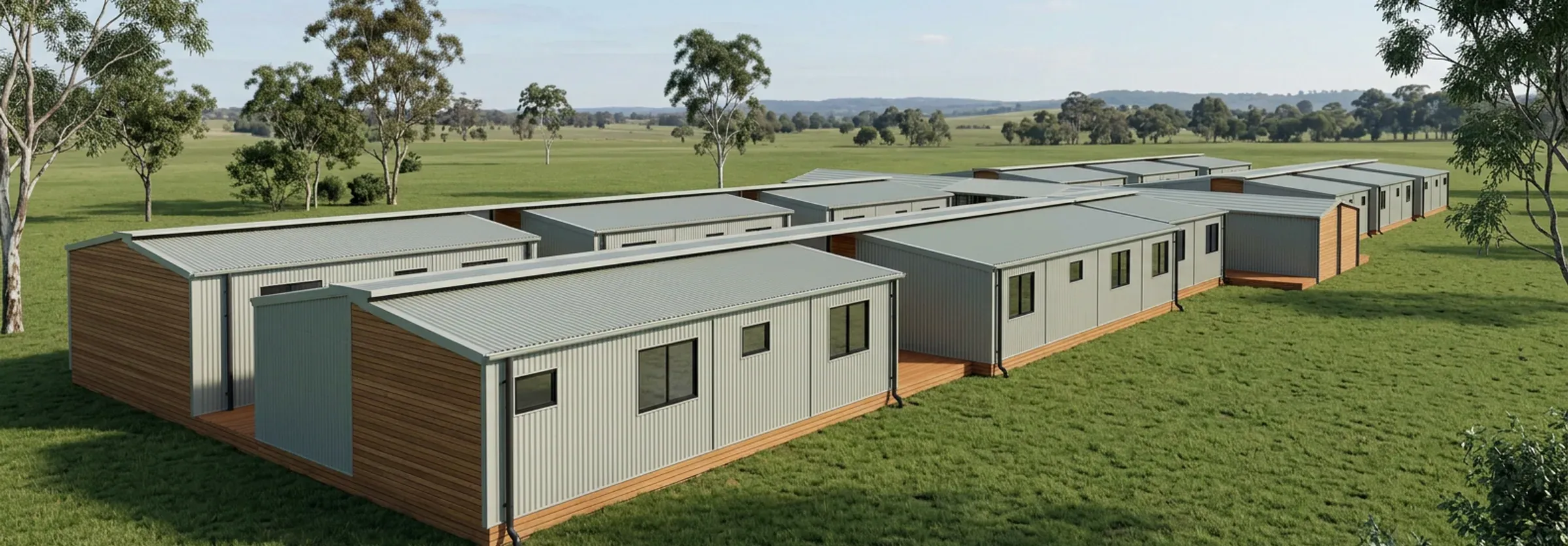 Concept render of a modular camp: rows of steel-clad buildings with Colorbond roofs and timber decks on a grassy site.